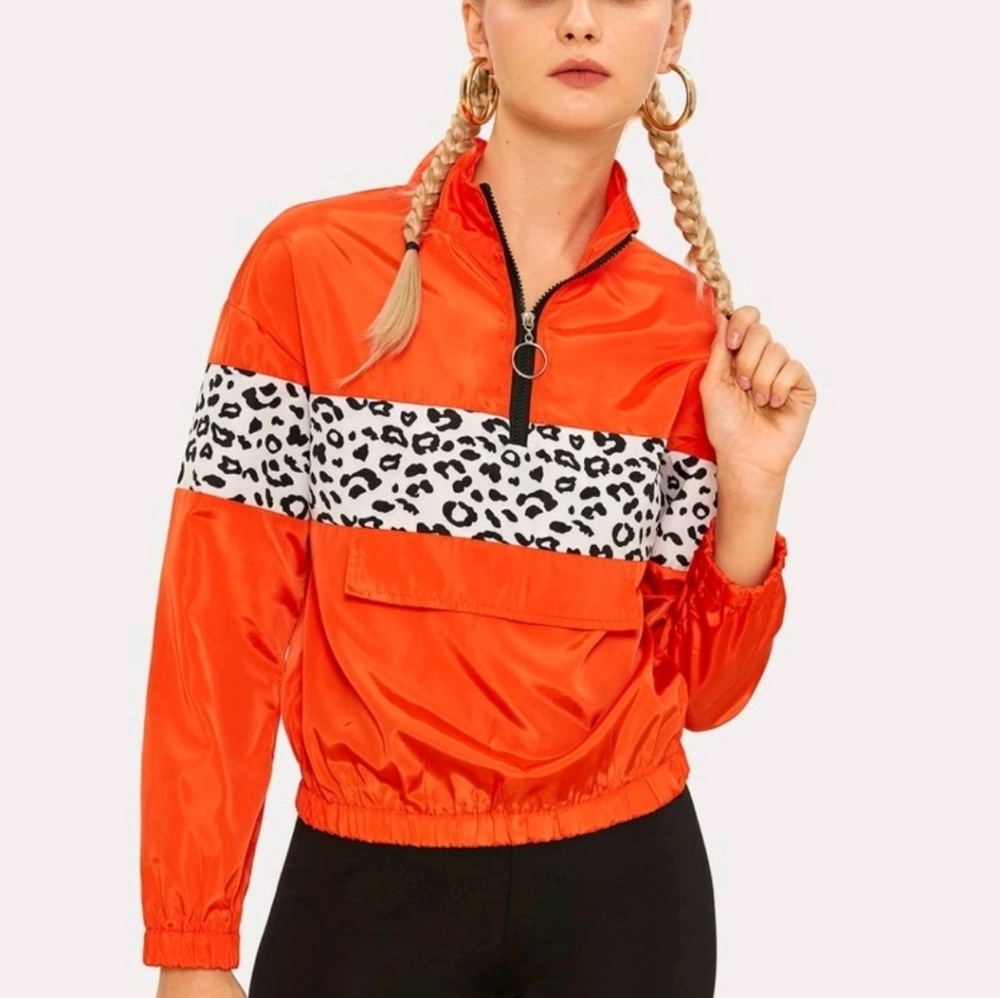 Shein Orange and Leopard Zip Jacket